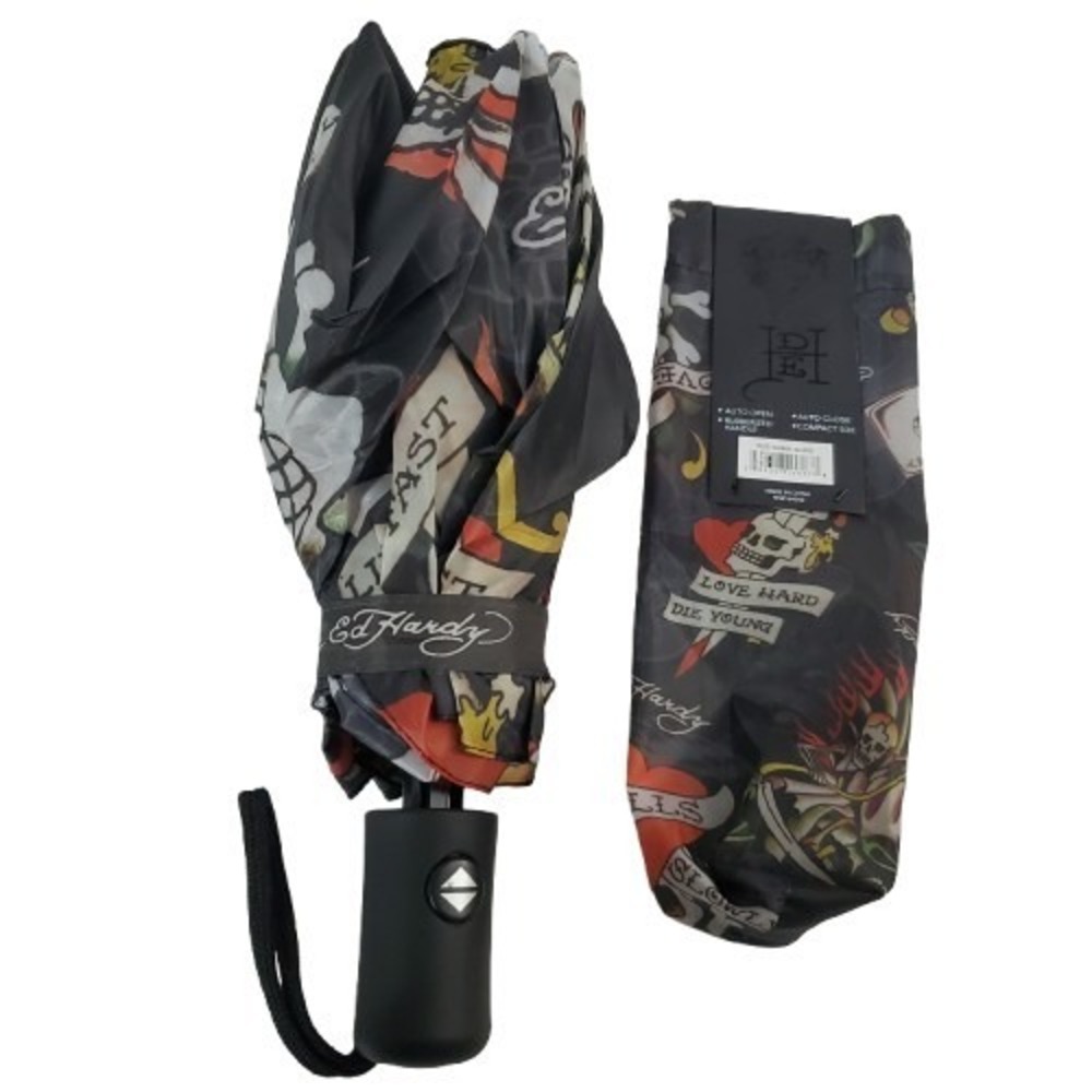 NEW Ed Hardy Umbrella Love Kills Slowly Graphic Black Compact NWT Skulls Hearts